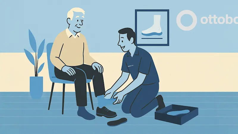 A clinician trying different shoe inserts on a patient