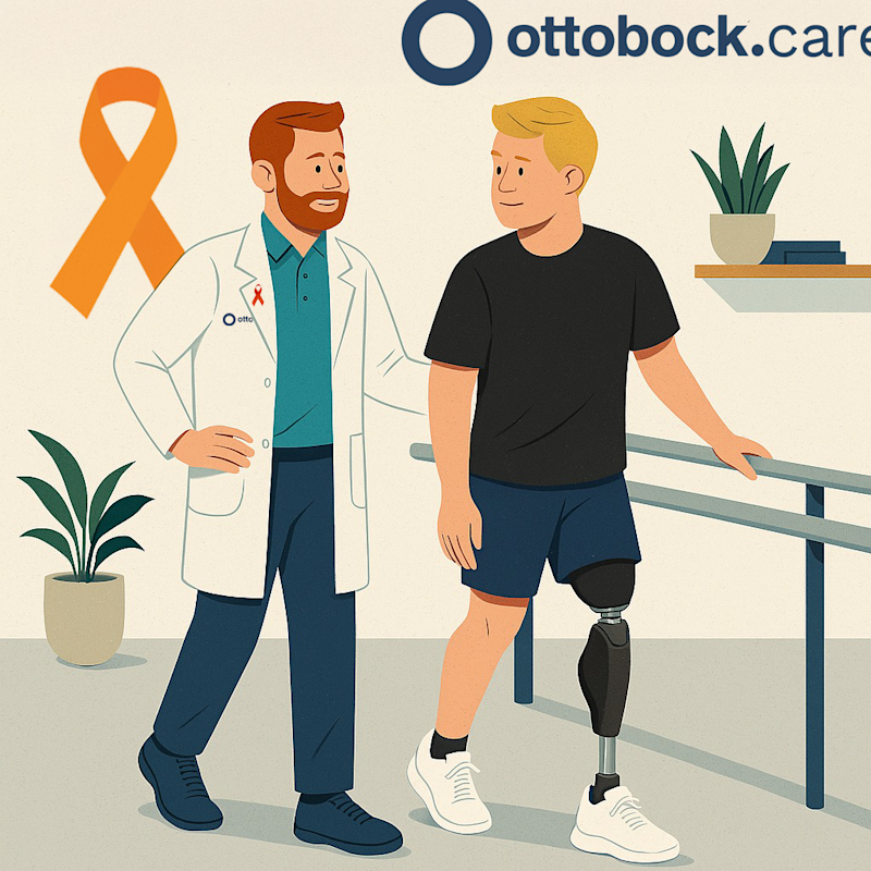 An illustration of an orthotic and prosthetic professional conducting gait training with an amputee in their new prosthesis