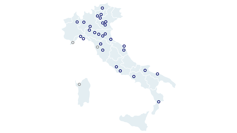 Cartina dell'Italia divisa per regioni con i centri Ottobock.care