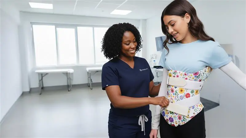 Un ortopedista certificado ayuda a una niña joven en un refuerzo personalizado para la escoliosis para el respaldo de la espalda