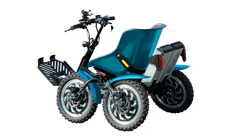 Vista di tre quarti posteriore del fuoristrada elettrico Zoom Uphill nella colorazione blu