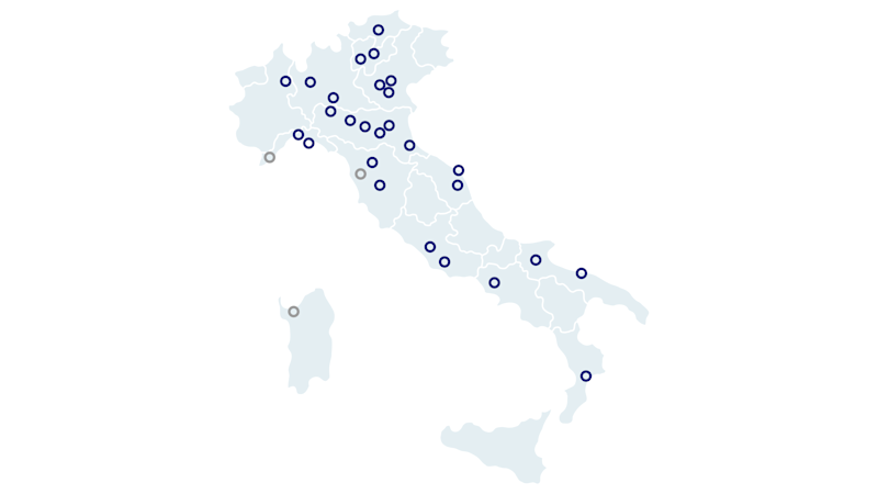 Cartina dell'Italia divisa per regioni con i centri Ottobock.care