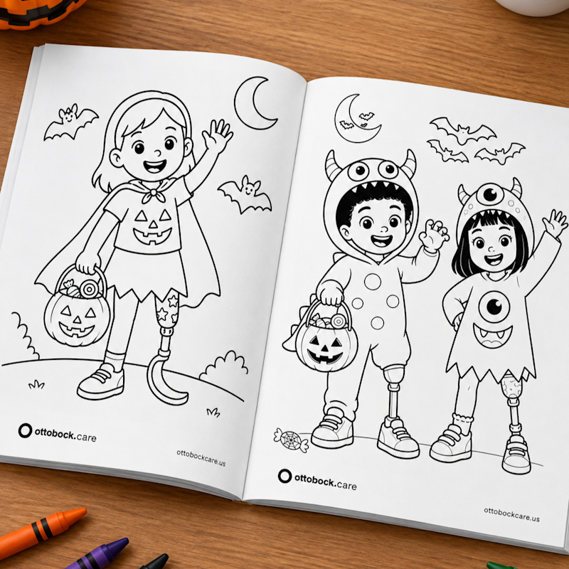 Two children in prosthetic legs in costumes for Halloween