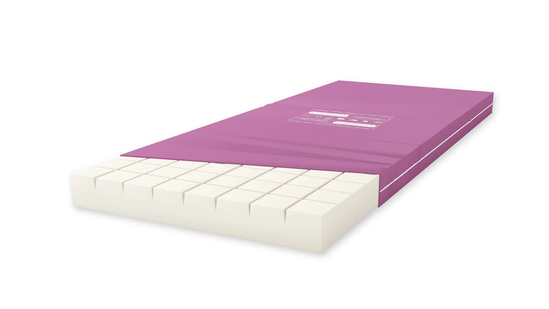 Immagine del materasso Rehabed ControlCARE dove si vede sia la schiuma interna con incisioni a griglia sia la fodera removibile in tessuto anallergico