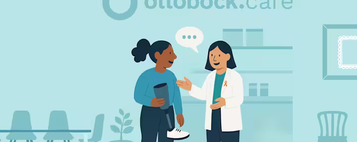 Una ilustración gráfica de un médico de Ottobock.care que usa una cinta naranja para el mes de concientización de la pérdida de extremidades y la diferencia de extremidades mientras habla con un paciente