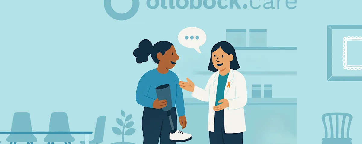 Una ilustración gráfica de un médico de Ottobock.care que usa una cinta naranja para el mes de concientización de la pérdida de extremidades y la diferencia de extremidades mientras habla con un paciente