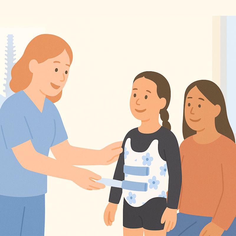 A professional Orthotist strapping a custom spinal orthosis brace on a pediatric patient