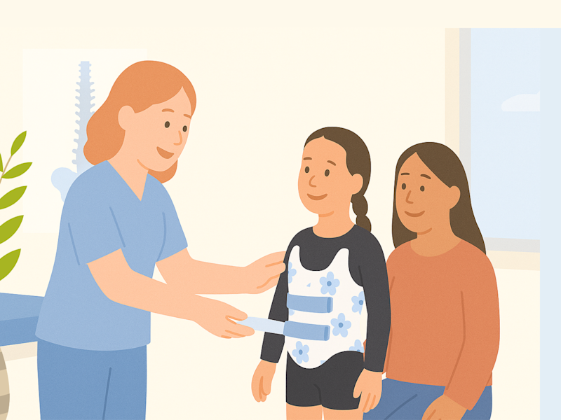 A Certified Orthotist helping a child patient with scoliosis into their spinal correction brace
