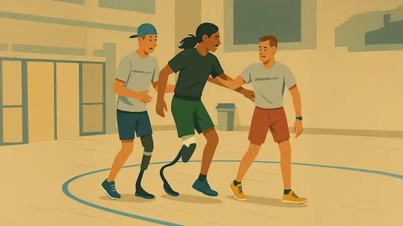 An illustrated graphic of a prosthetic technician coaching two prosthetic running blade users during an Ottobock Running Clinic during Limb Loss and Limb Difference Awareness Month