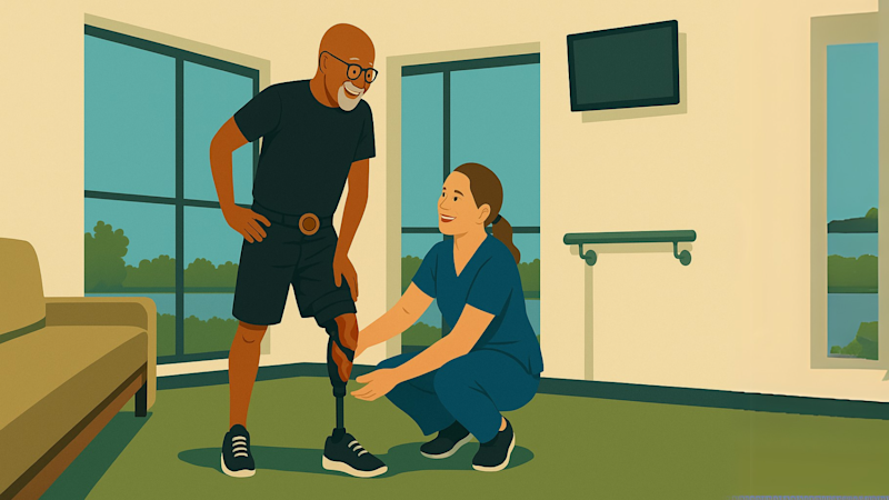 Un técnico protésico somete a prueba a un paciente amputado con su pierna protésica diseñada a medida