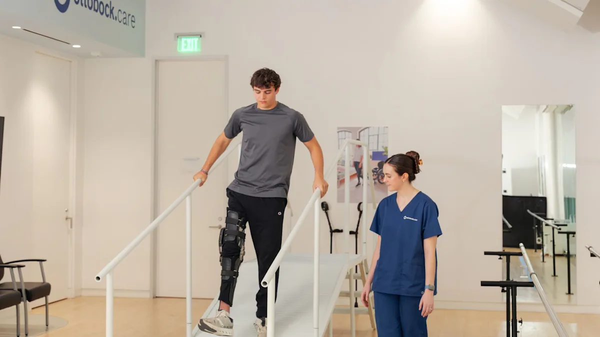 A limb difference patient testing the C-Brace knee ankle foot orthosis while walking down an incline in a clinical setting, guided by their Certified Prosthetist Orthotist