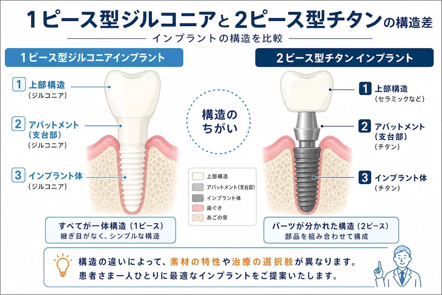 ジルコニアインプラント(1ピース)とチタンインプラント(2ピース)の構造断面図