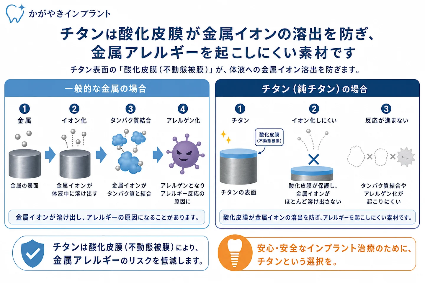 チタンが酸化皮膜でイオン溶出を防ぎ金属アレルギーを起こしにくい仕組みの図解