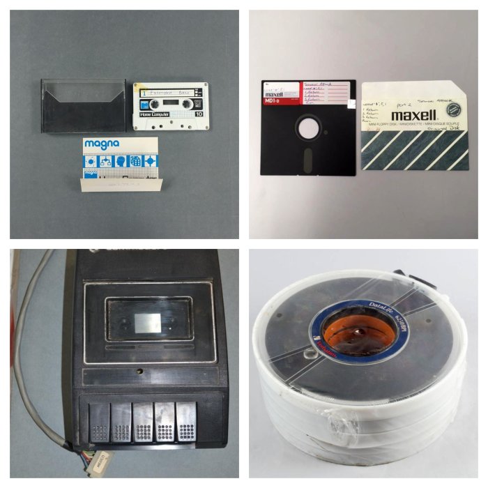 Data storage solutions. Clockwise: Data Cassette Tape 2017.74.18/Commodore 64 Floppy Disk: "Saucer Attack"  2017.72.2/Cassette Drive 2014.161.4/Data Disk Pack 2014.98. The Museum of Transport and Technology (MOTAT).