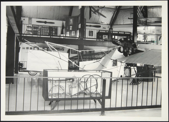 A display, circa 1970s, of the Pearse Utility plane. 1977. Pearse No. 3 plane : display,1977, 04-677. Walsh Memorial Library, The Museum of Transport and Technology (MOTAT).