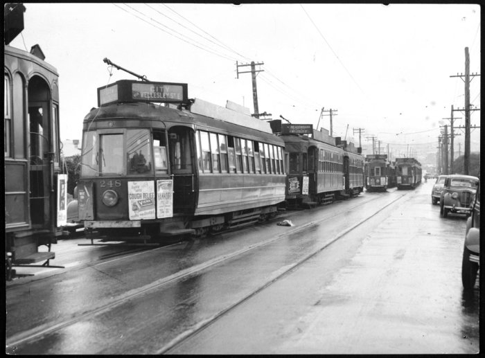 Graham Stewart. 1950s. Tram 248 looking down Rosebank Road to the Avondale tram terminus as trams wait for the last race at Avondale Racecourse. Supplied by David Cawood. 