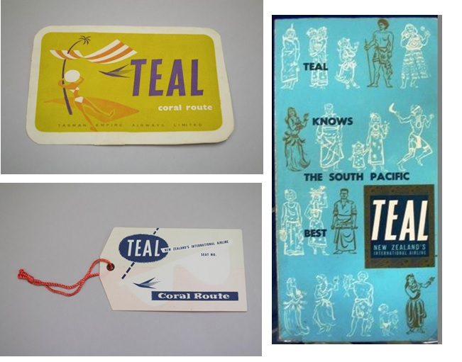 Coral Route publicity material: luggage tags, ticket wallet. References: 2004.592; 2004.593; 2004.514. Walsh Memorial Library, The Museum of Transport and Technology (MOTAT).