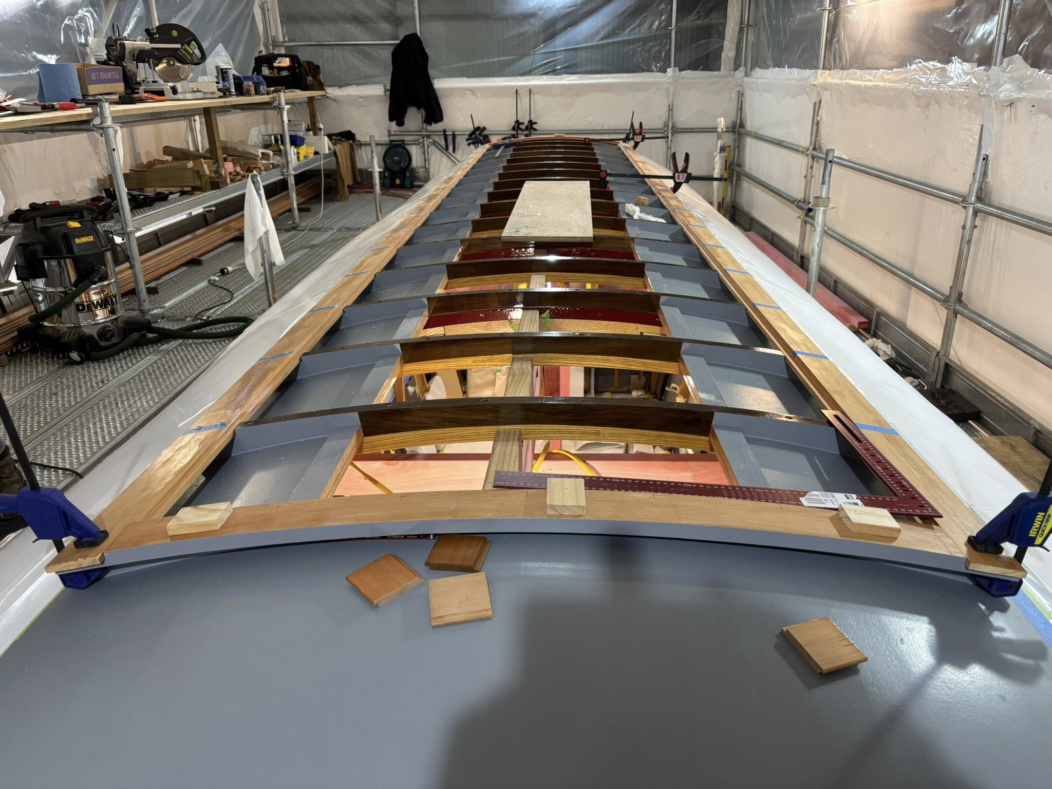 The monitor roof structure is installed consisting of Totara roof bows that pick up further Oregon planking in the middle of the tram roof, this allows for adequate venting.