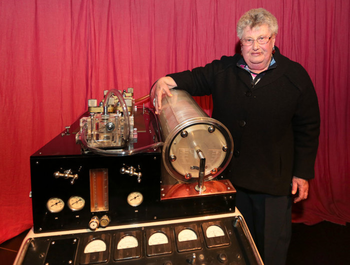 Helen Harris and the Melrose heart-lung machine at the opening of MOTAT’s Love/Science exhibition, 2021.