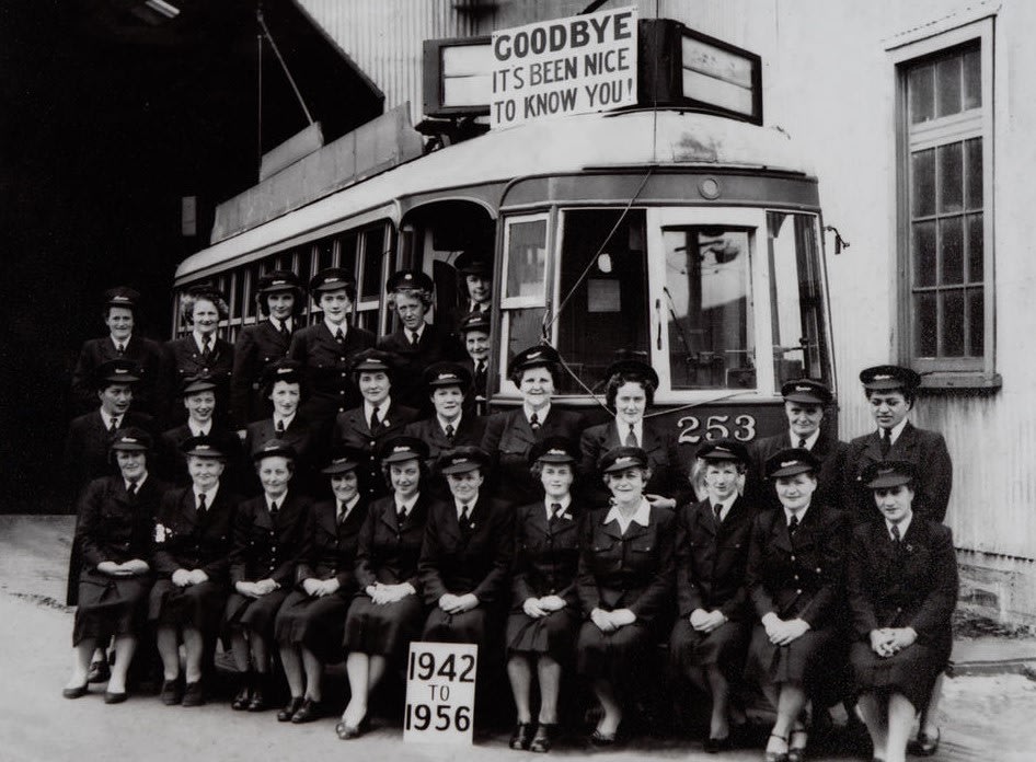 The final farewell gathering of the Auckland Tram Conductresses, Photographer Graham Stewart. 1956. [Copy print], PHO-2018-13. Walsh Memorial Library, The Museum of Transport and Technology (MOTAT).