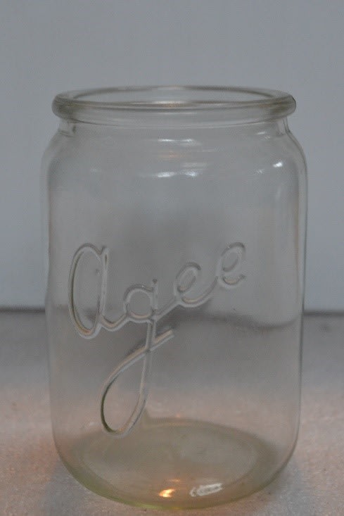 Accession number: 2018.32. Agee Glass Jar.  Australian Glass Manufacturers, Manufacturer 1920-1940s.  The Museum of Transport and Technology (MOTAT) URL: collection.motat.org.nz/objects/108178