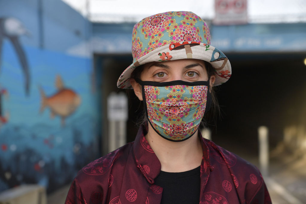 Matching face mask and hat by Hills Hats. 