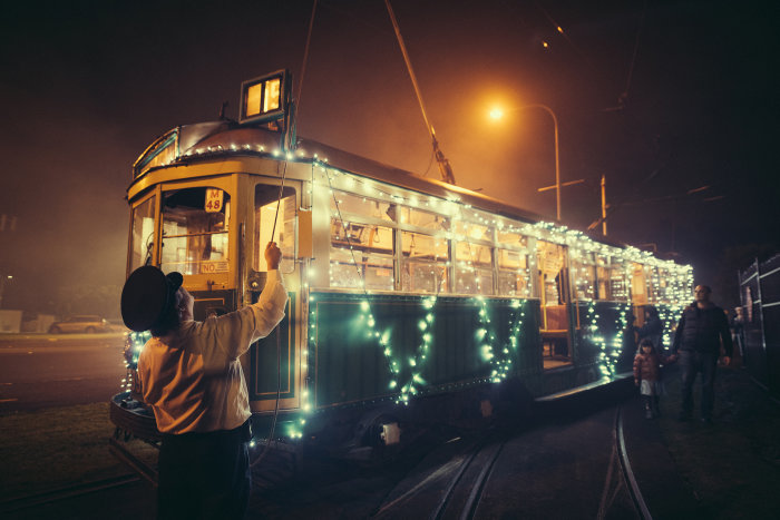 Tram at Night Lights. 