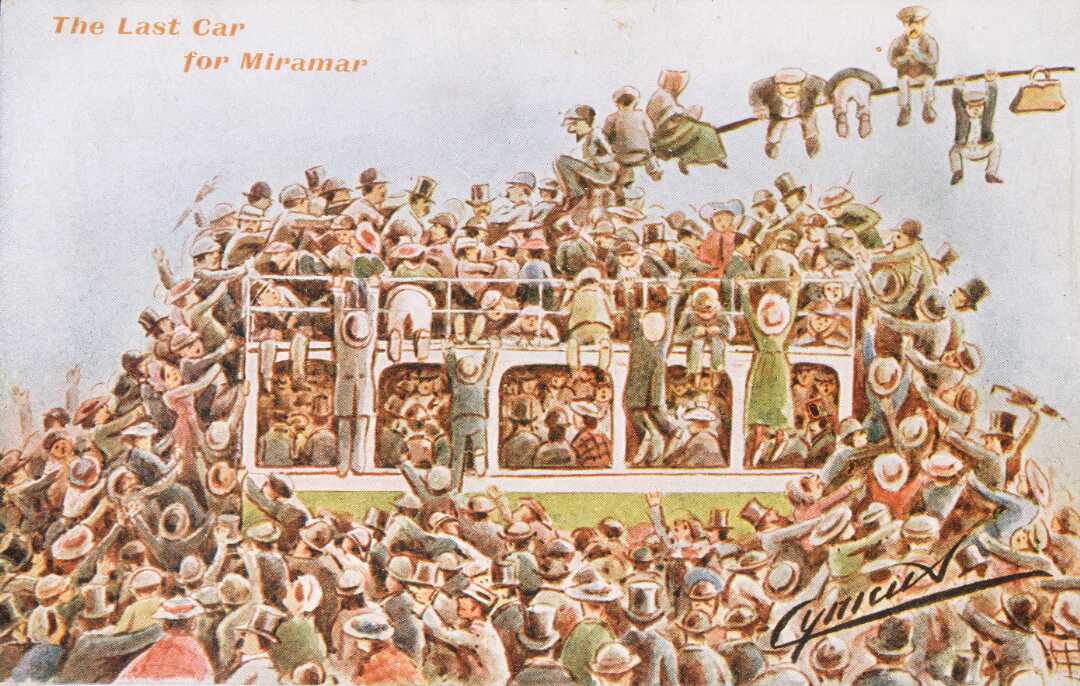 Anderson, Martin, 1854-1932. "Cynicus" : The last car for Miramar. [Postcard. ca 1910]. Ref: Eph-POSTCARD-Drawer-Ellis-01. Alexander Turnbull Library, Wellington, New Zealand.  The same postcard was created for Auckland’s Parnell service.  