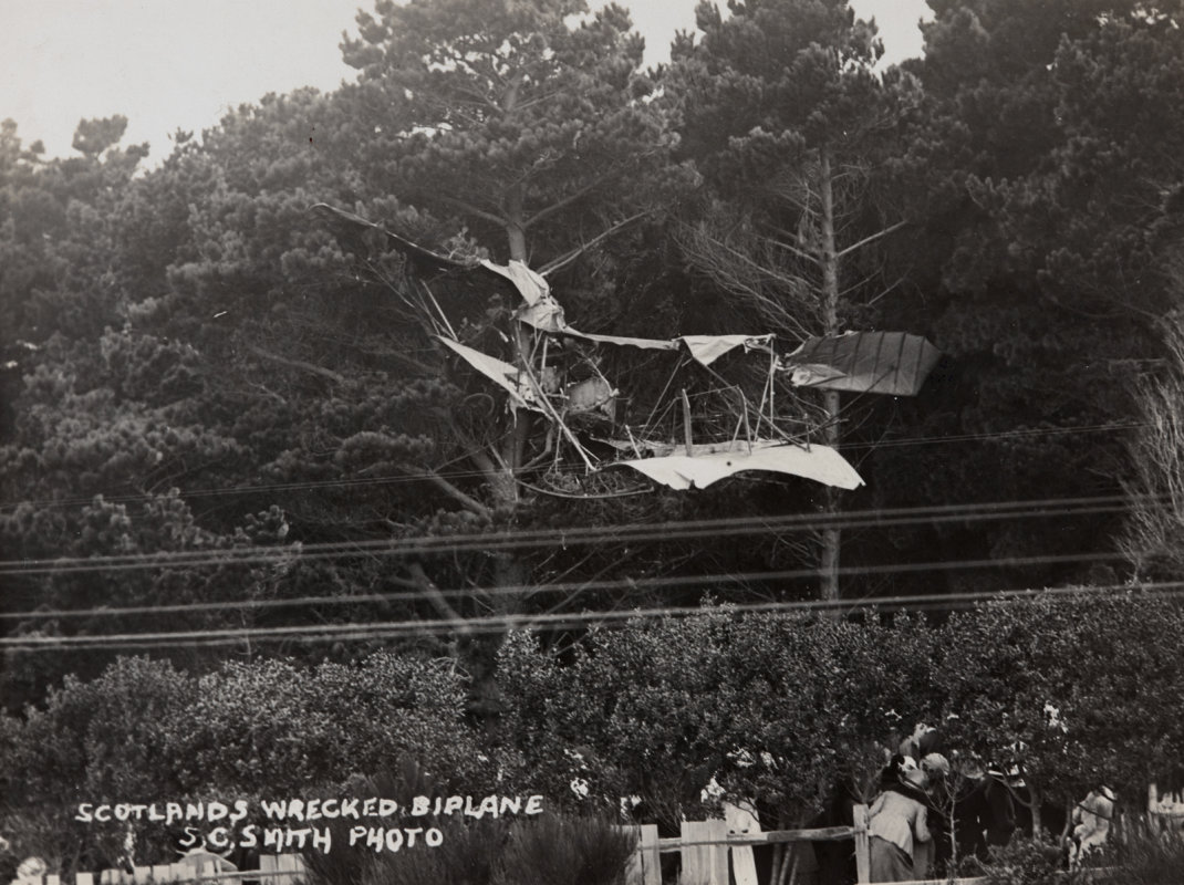 A view of J.W.H.Scotland's crashed aeroplane in a tree, Wellington. C Smith photographer. Whites Aviation Collection, Walsh Memorial Library, MOTAT, 15-1329