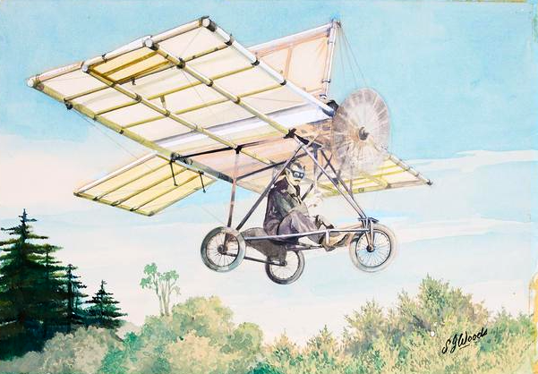 Watercolour of Richard Pearse's aeroplane in flight