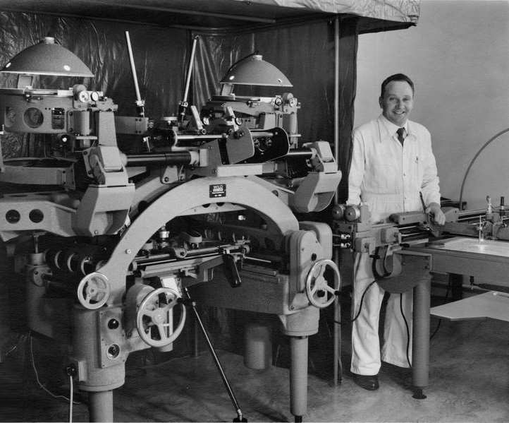 A8 stereo plotter from the stable of Wild is shown being assembled at NZAM in Hastings by Swiss engineer Joe Bruilhart.