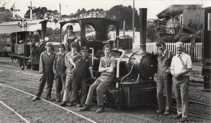 Members of the rail section with locomotive "Bertha" (Oct 1980) 