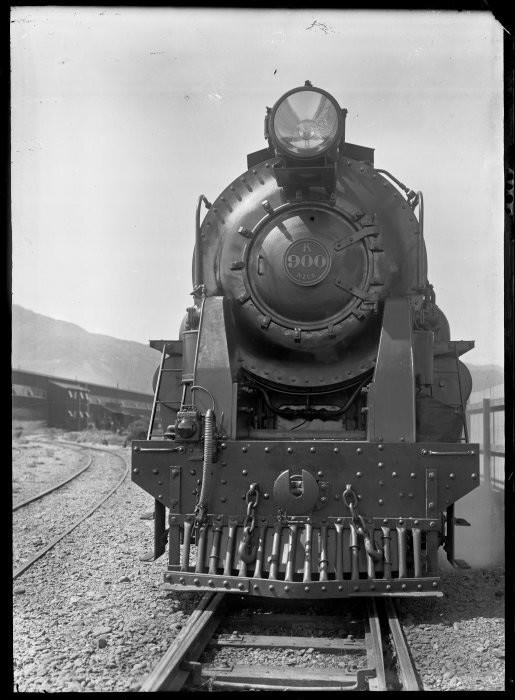 Front view of K900 steam locomotive at Hutt Railway Workshops