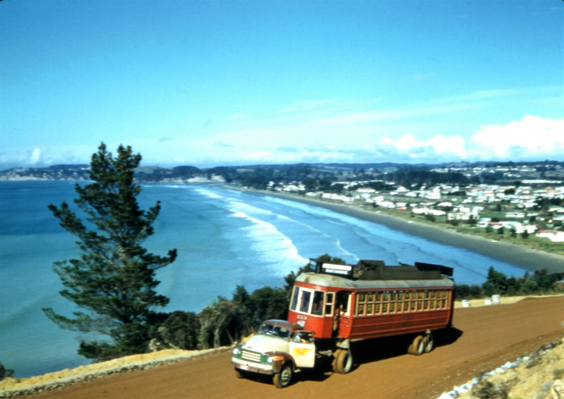 1957-05-24 #253 climbing the hill with Orewa in the background on the journey to Matakohe (Graham Stewart)