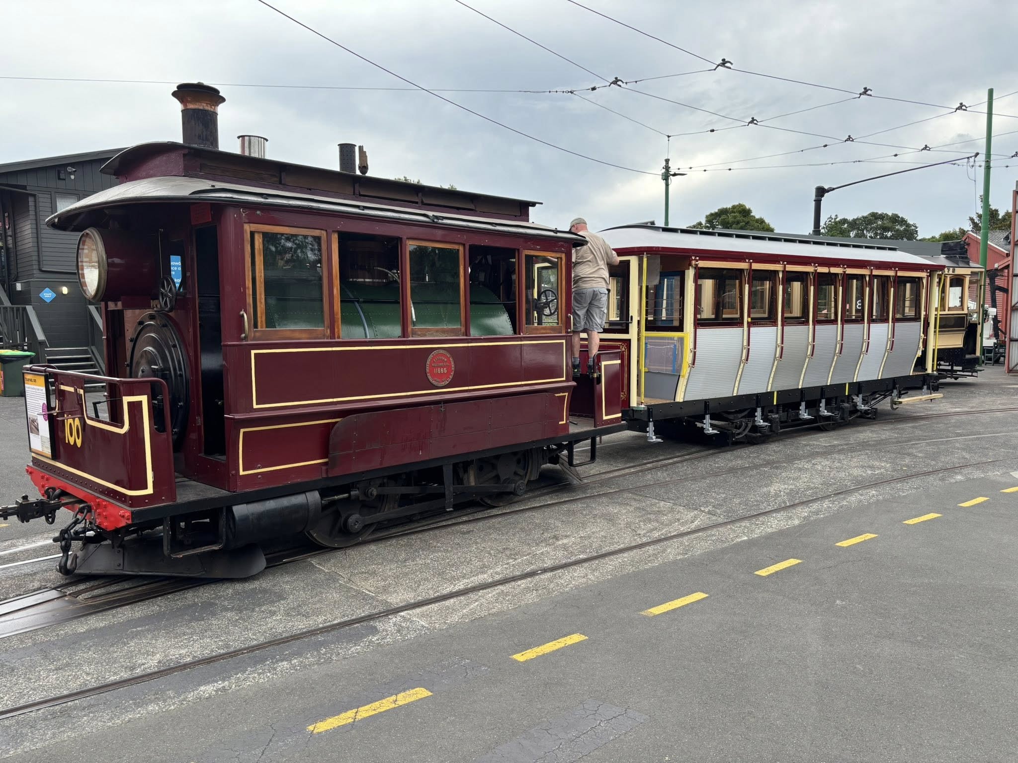 Under tow from Steam Tram No. 100 for the first time after restoration