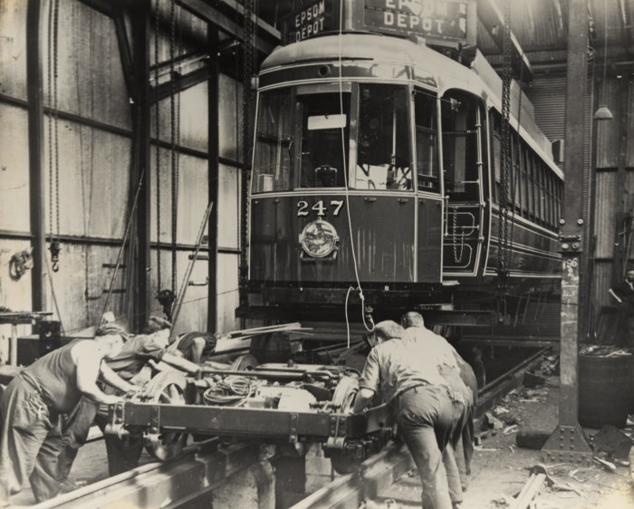 Unknown photographer. 1938. [EMB L5 bogies being fitted to tram Streamliner No. 247 the first Auckland streamliner with curved sides], PHO-2017-5.30. Graham Stewart Collection. Walsh Memorial Library, The Museum of Transport and Technology (MOTAT). 