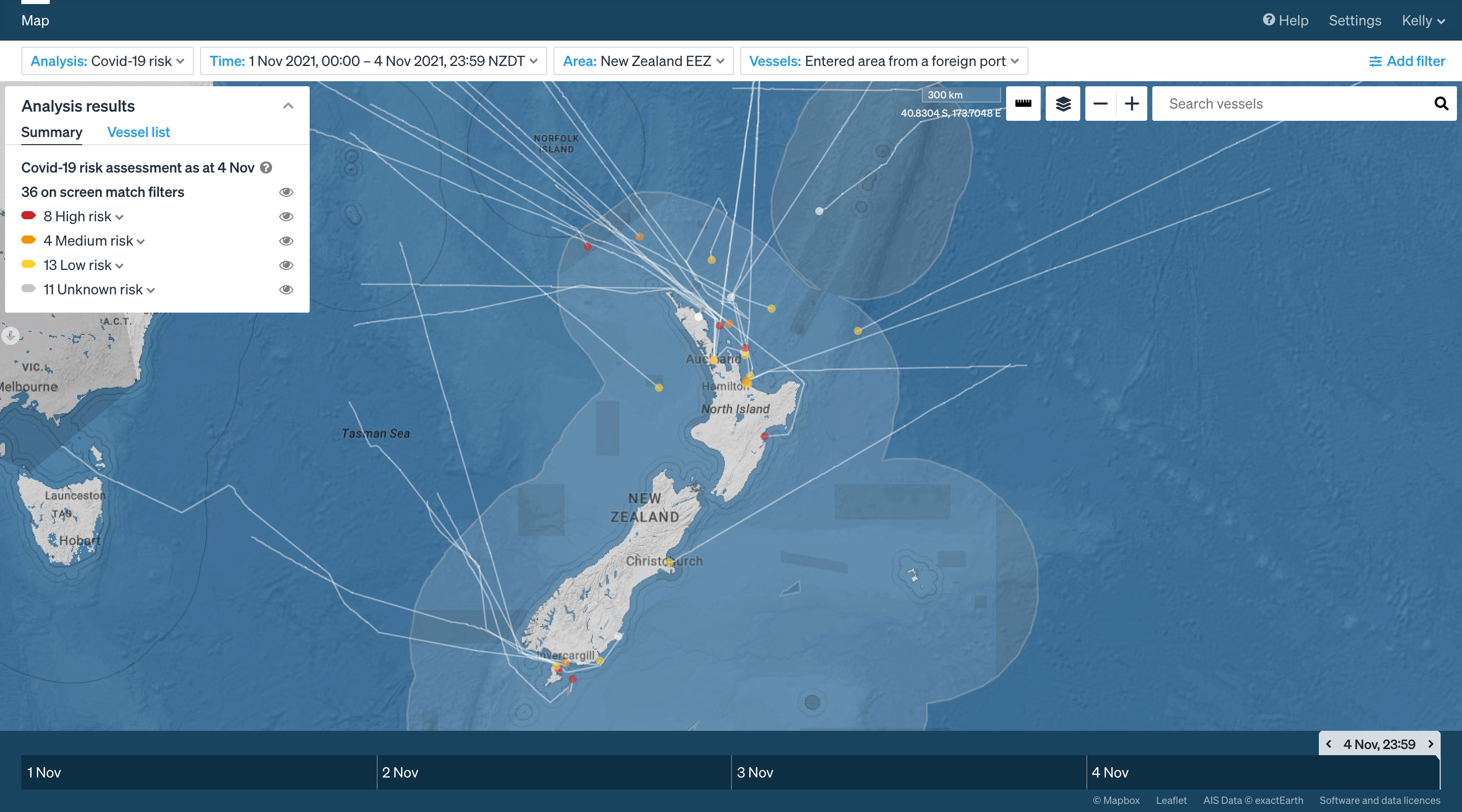 Vessels arriving into New Zealand with their relative risk of COVID-19 displayed