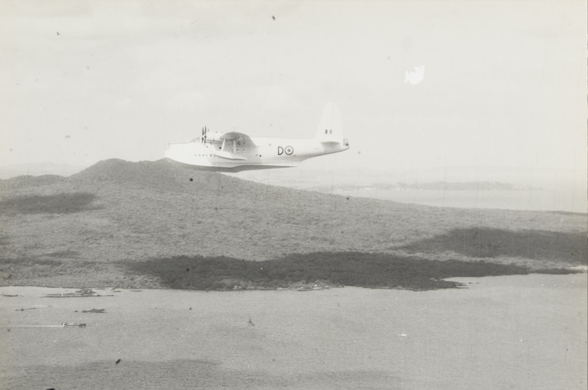 RNZAF Short Sunderland over Rangitoto, 12-3019, Walsh Memorial Library, Museum of Transport and Technology. 