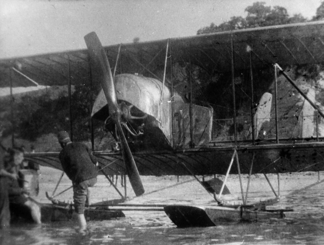 NZ Flying School, Caudron floats in water. Walsh Memorial Library, MOTAT, 10-0994