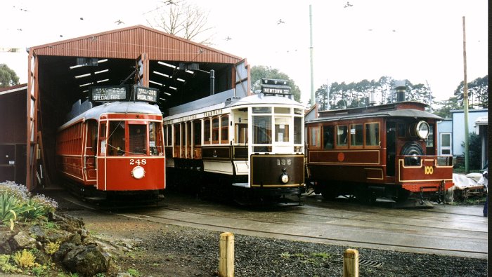 Unknown photographer. Circa 1997 – 1998. Trams 248, 135 and 100 at MOTAT after 248 and 100 were overhauled.  Supplied by David Cawood. 
