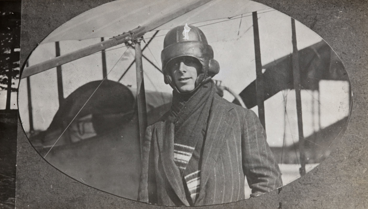 Copy photograph of J.W.H.Scotland beside his aeroplane. Whites Aviation Collection, Walsh Memorial Library, MOTAT, 15-1330