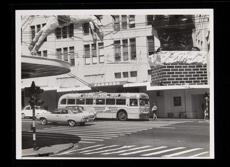 Graham Stewart. 31 Dec 1970. [Trolley bus 133 outside Farmers Department Store at Christmas], PHO-2020-19.630. Walsh Memorial Library, The Museum of Transport and Technology (MOTAT).