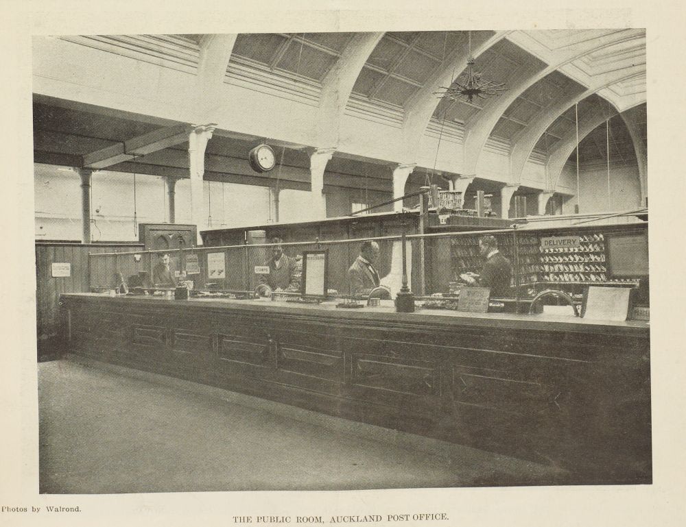 “The Public Room, Auckland Post Office.” Walrond, New Zealand Graphic, 3 August 1901, p211. Auckland Libraries Heritage Collections NZG-19010803-211-2.