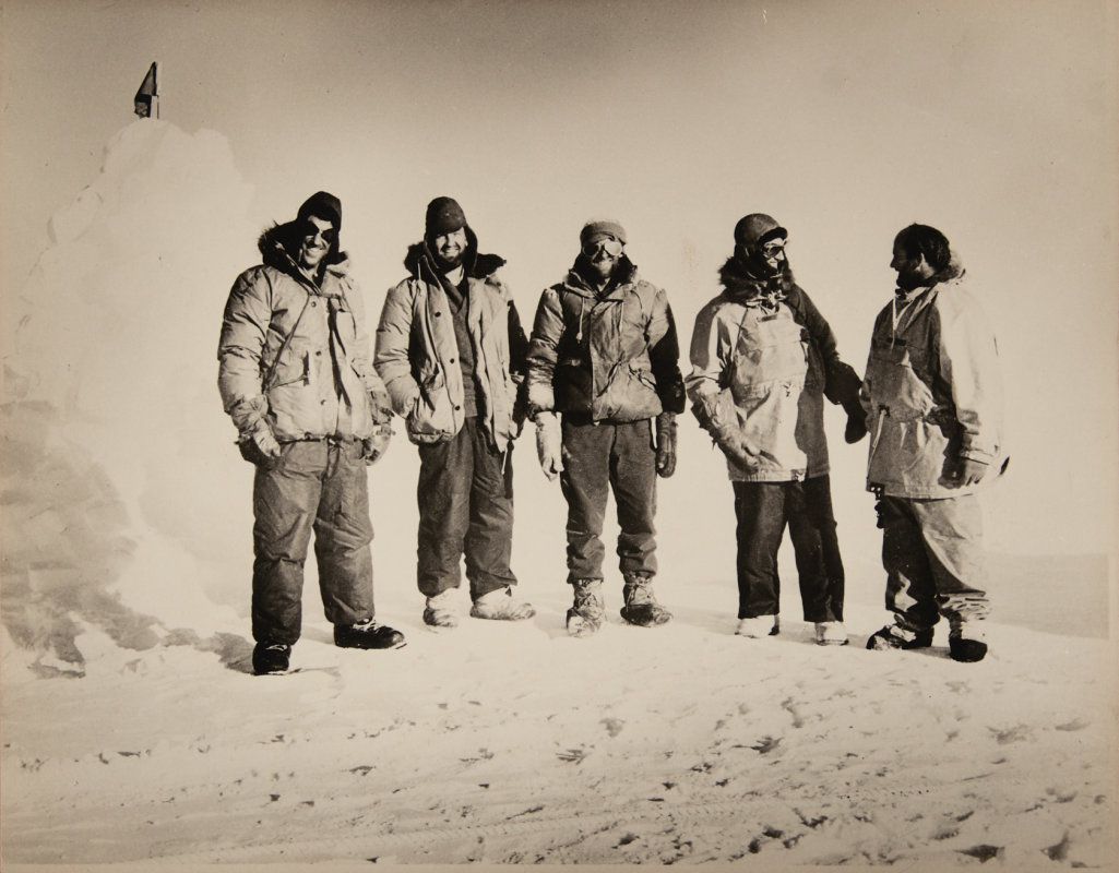 Image: Unknown Photographer. 15 Dec 1957-20 Dec 1957. [Edmund Hillary, Murray Ellis, Jim Bates, Peter Mulgrew, and Derek Wright at Depot 700], PHO-2017-2. Walsh Memorial Library, The Museum of Transport and Technology (MOTAT).
