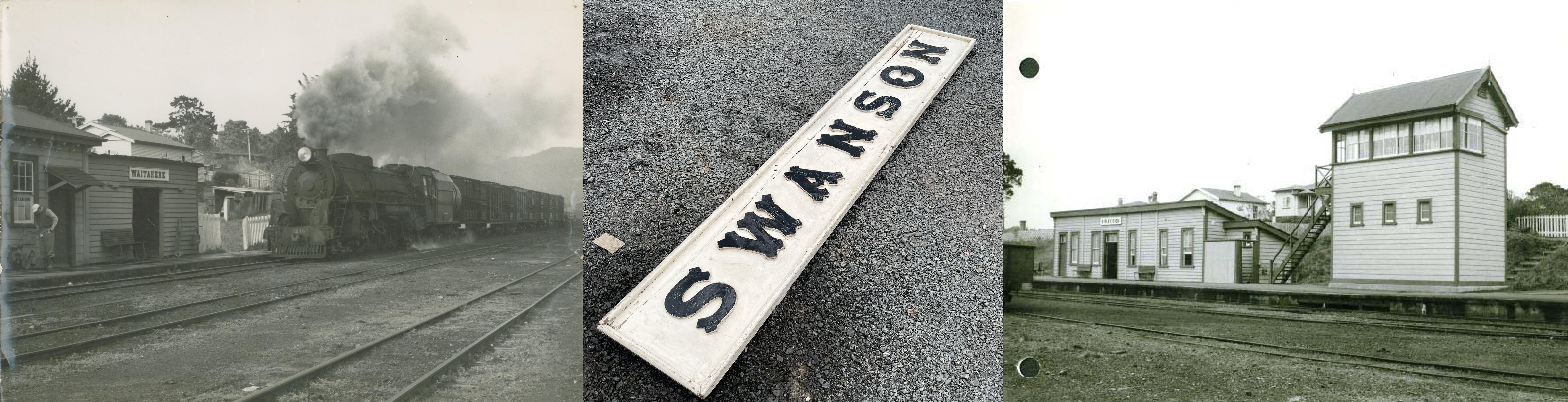  Steam locomotive J 1216 with goods train, Waitākere station, 1954