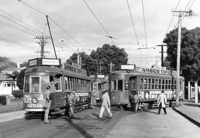 Graham Stewart. 4th June 1957. Trams 248, 250 and 232 arriving at the Manukau Road workshops from the Epsom Depot. The last movement of passenger trams in the streets of Auckland, abet for decommissioning and dismantling.  Supplied by David Cawood. 
