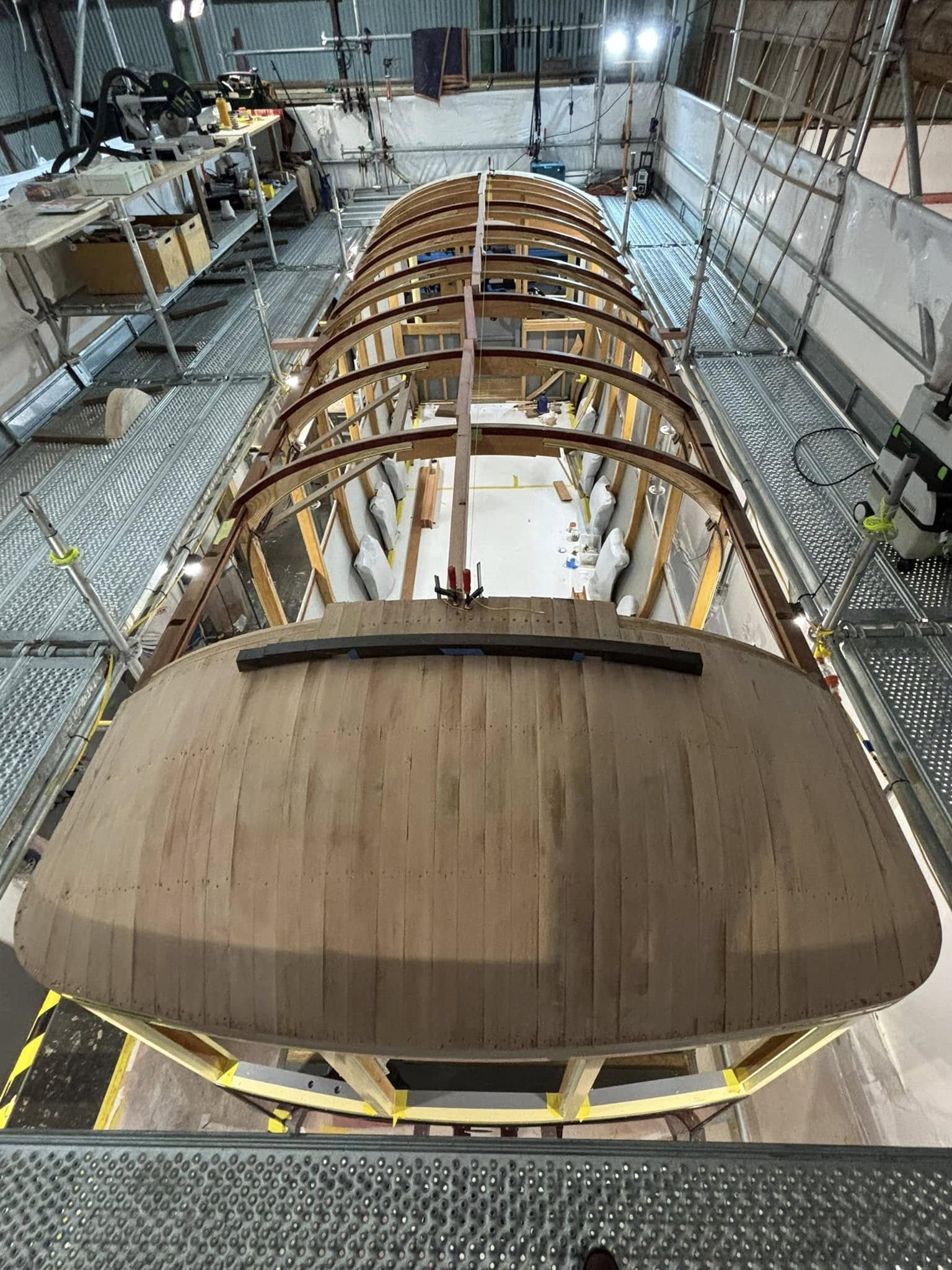 Both vestibule ends completed with steam-bent planking nailed in place and trimmed accordingly.