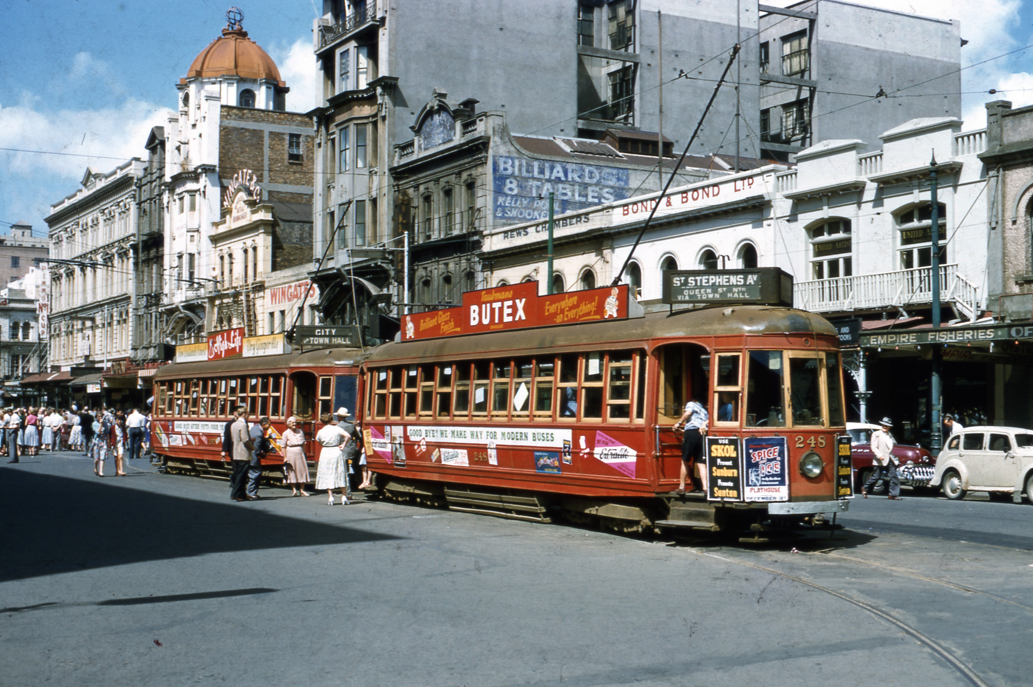 Keith Cullen. 29th December 1956.  Last tram procession lining up in Lower Queen Street with trams 247 and 248 pictured waiting for the last tram no. 242 to arrive.  Supplied by David Cawood.  