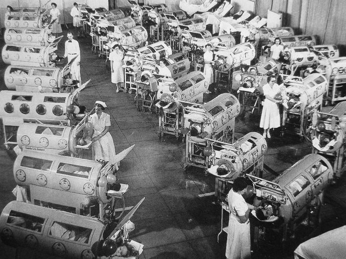 Polio patients in iron lungs during 1952–53 epidemic (USA) Jonas Salk From Smith, Jane S. 1990. Patenting the Sun. Rancho Los Amigos Medical Center, Downey, California.