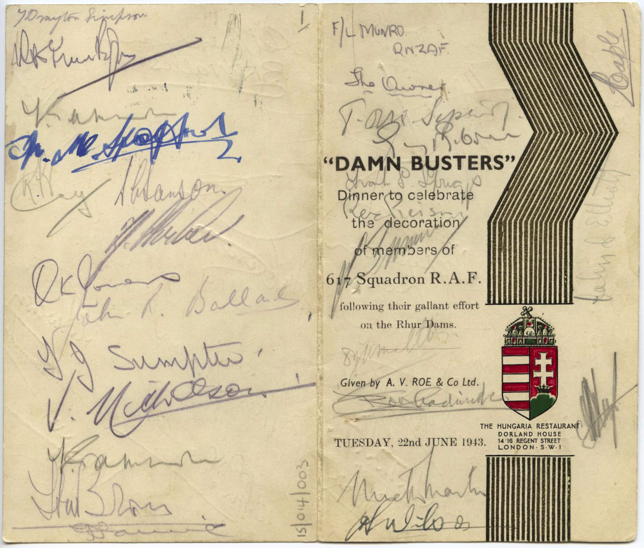 "Dam Busters" dinner menu - front